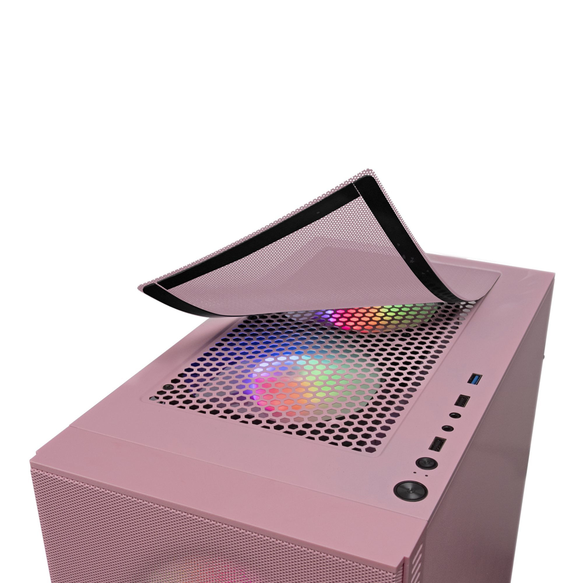 Case per computer rosa con parte superiore in rete sollevata per mostrare luci interne colorate. Sfondo bianco.