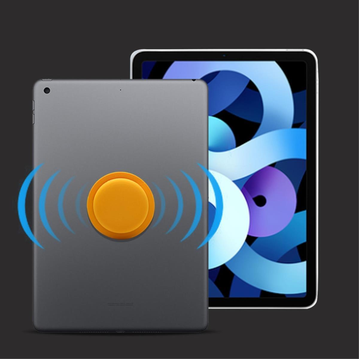 Tablets, eine graue Rückseite und eine mit blauem Bildschirm. Ein orangefarbener Kreis ist angebracht.