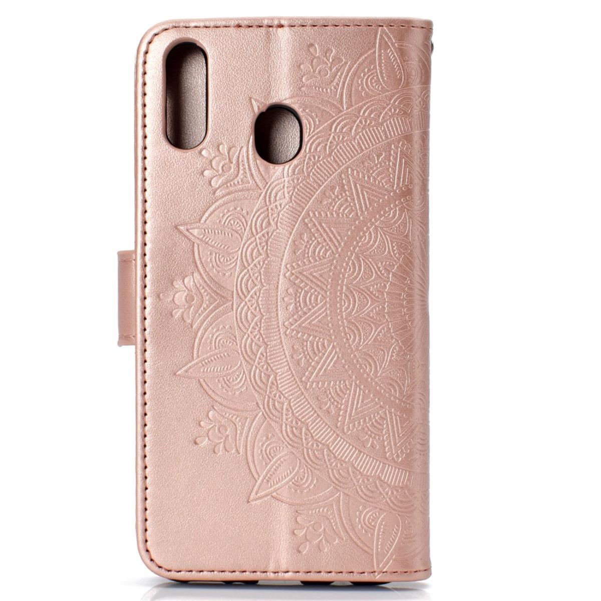 Rosa Handyhülle mit Mandala-Design. Die Hülle ist geschlossen und hat einen Verschluss.