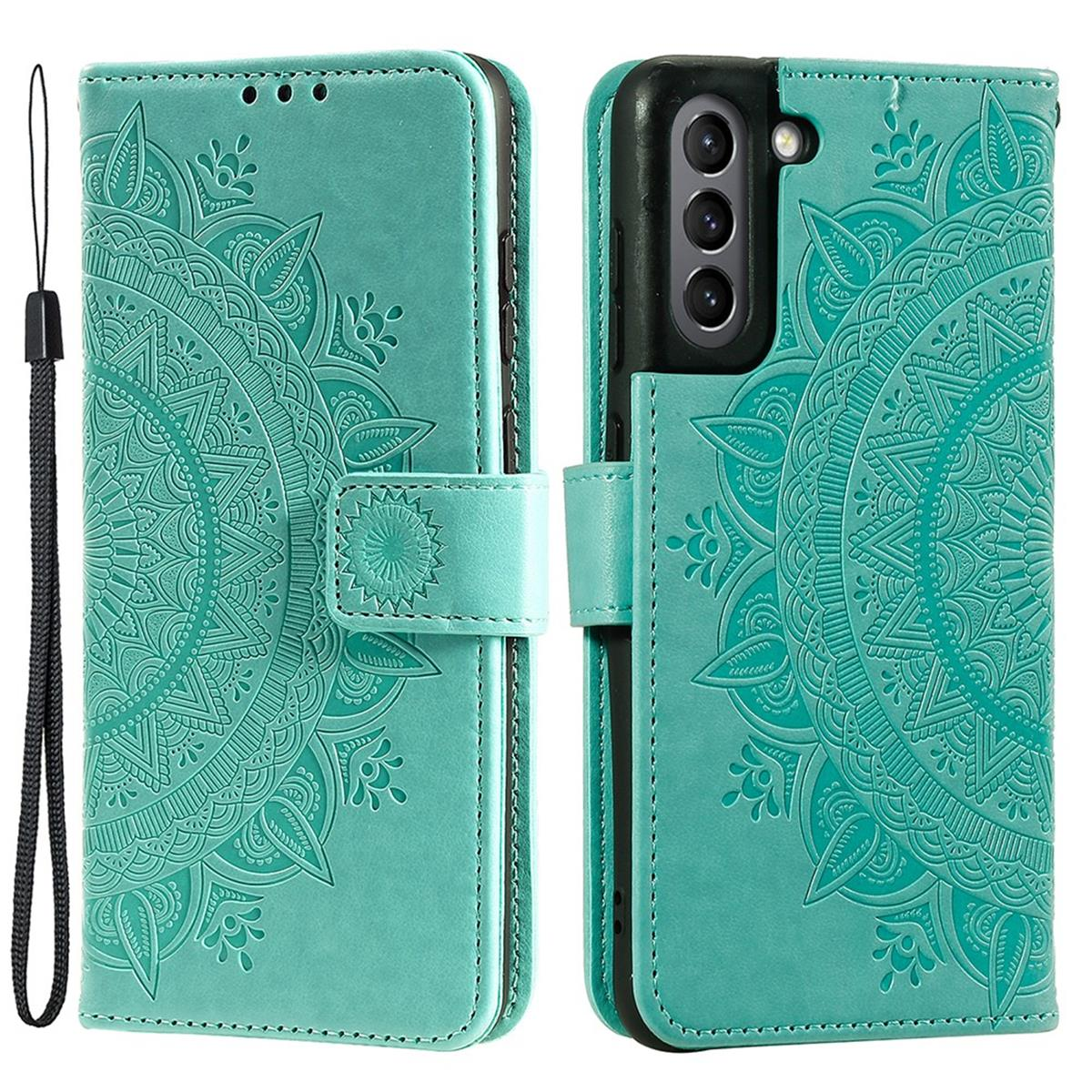Eine türkisfarbene Leder-Handyhülle mit Mandala-Design.