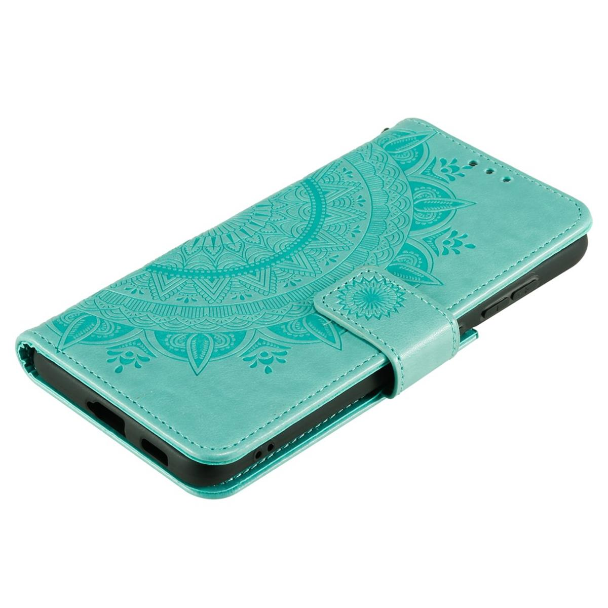Blaue Handyhülle mit einem Mandala-Muster, geschlossen.