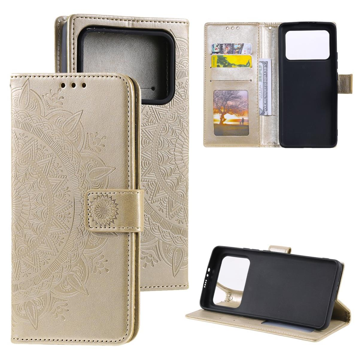 Goldene Handyhülle mit Mandala-Design, Geldbörsenstil, offene und geschlossene Ansichten. Enthält Kartenfächer und Telefonhalter.