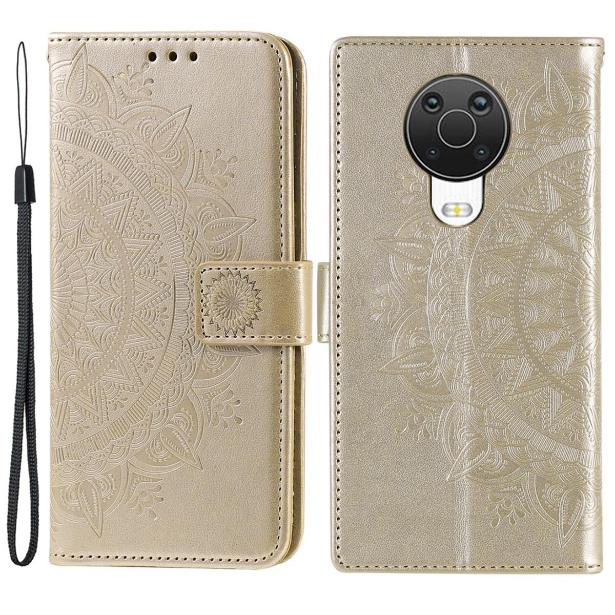 Goldene Handyhülle mit Mandala-Design, geschlossen und offen. Mit Riemen und Verschluss.