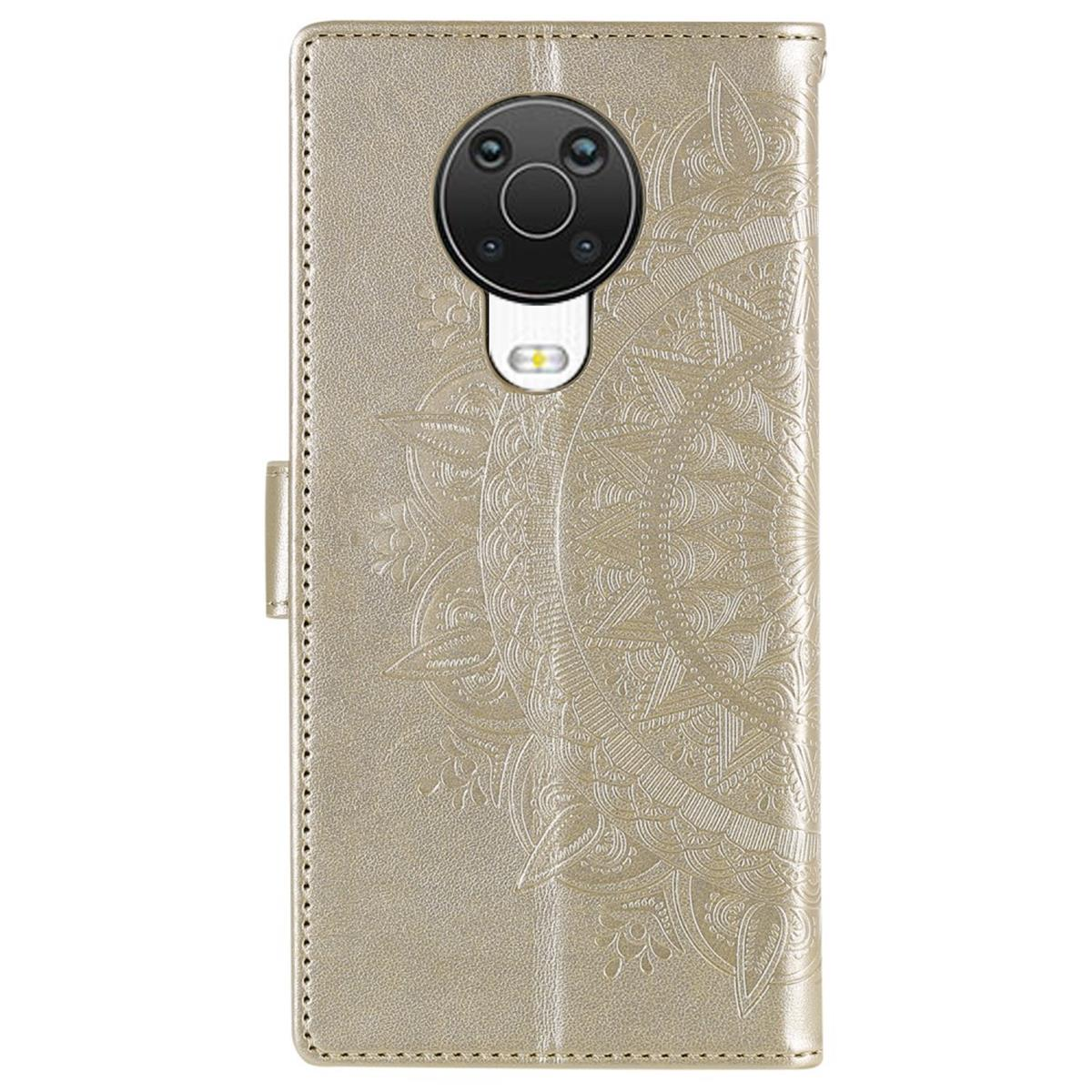 Goldene Handyhülle mit dekorativem Mandala-Design, geschlossen. Die Rückseite hat die Kamera.