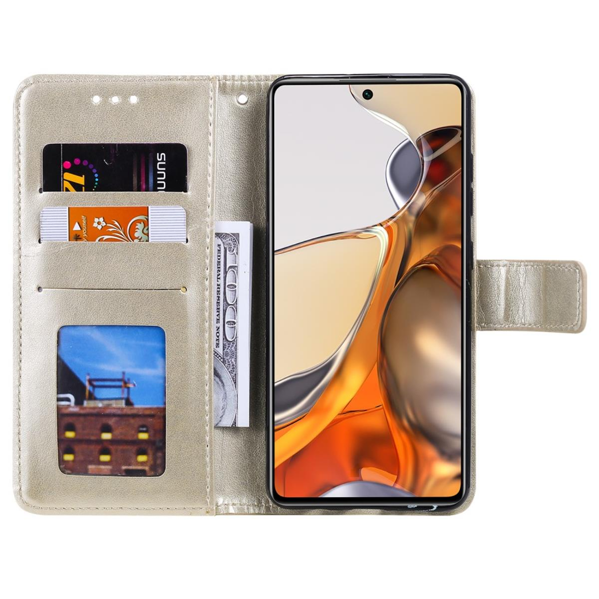 Geöffnete Handyhülle mit Karten, Geld und Telefon, das eine Oberfläche anzeigt. Beige Außen.