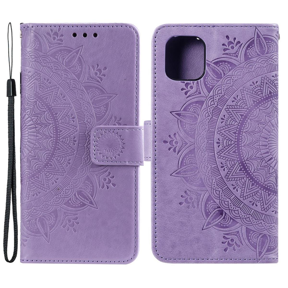 Lila Handyhülle, offen. Mit Mandala-Design auf den Hüllen. Ein Riemen ist an der Seite.