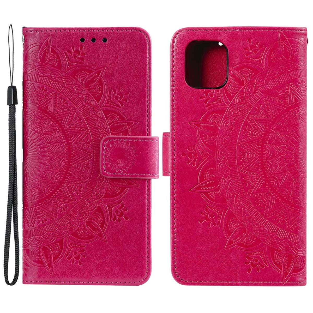 Eine rosa Handyhülle mit geprägtem Blumendesign. Die Hülle ist geöffnet und zeigt ein Telefon.