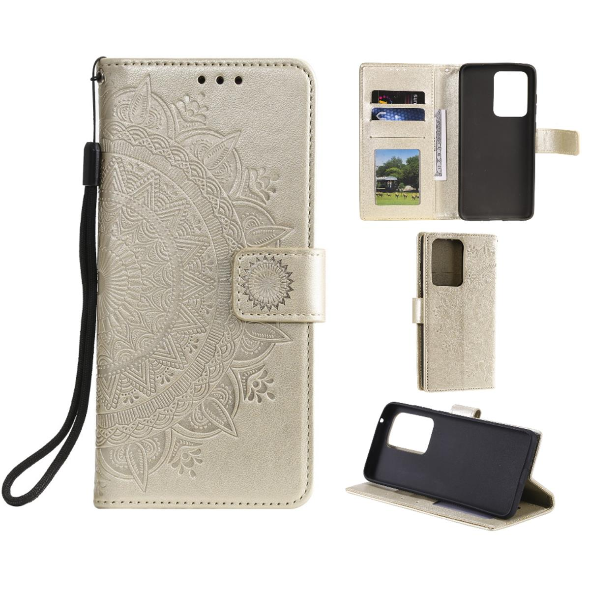 Goldene Handyhülle mit Mandala-Design, schwarzem Riemen, Kartenfächern und Telefon.