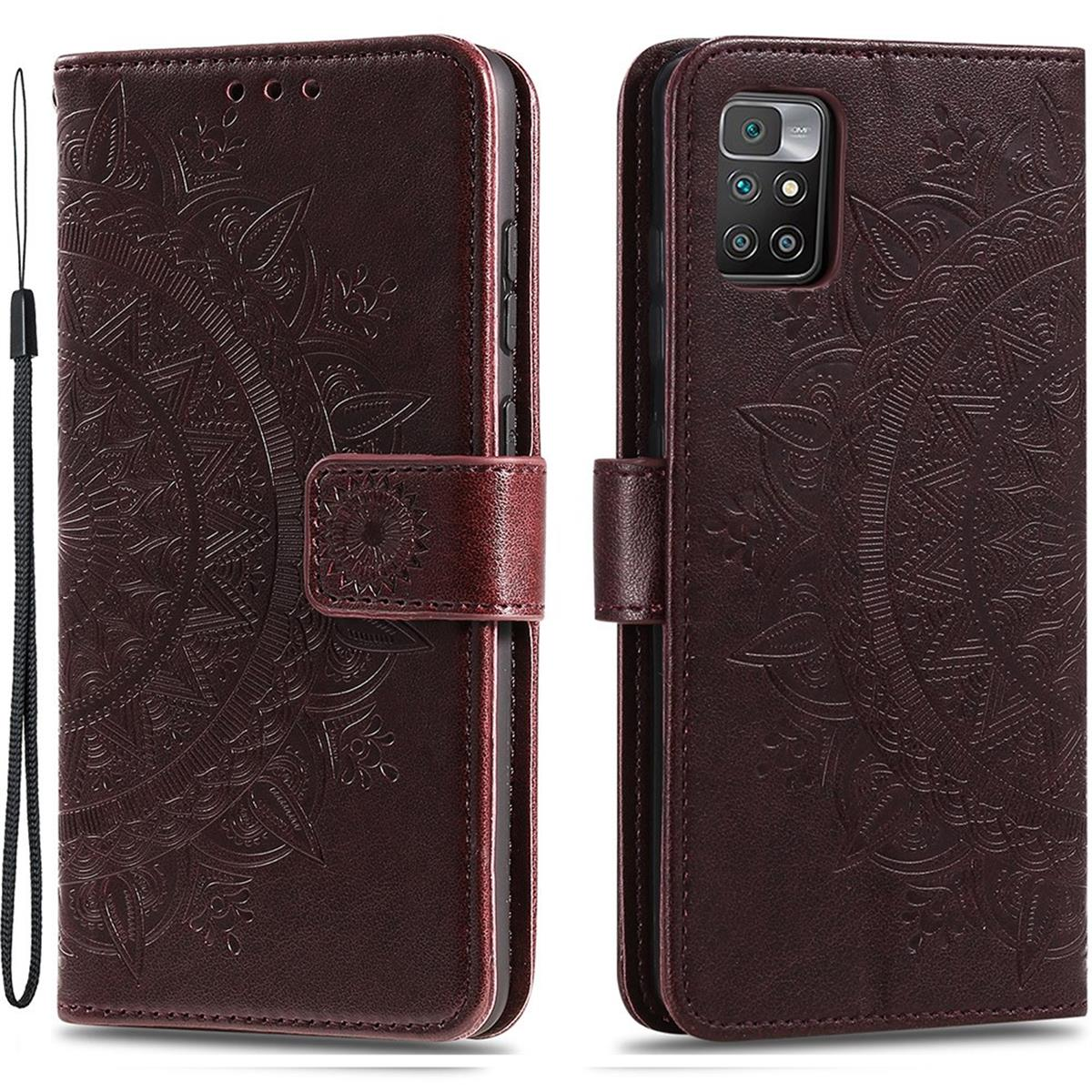 Eine braune Handyhülle mit Mandala-Design. Die Hülle ist offen und zeigt Telefon- und Kartenfächer.