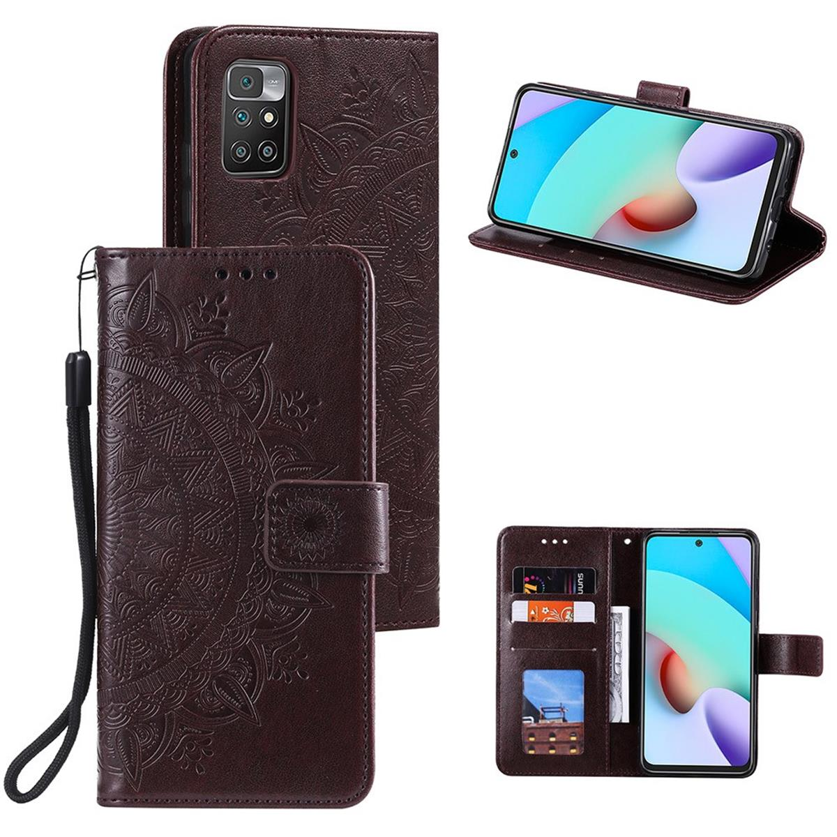 Braune Handyhülle mit Mandala-Design, geöffnet und geschlossen, mit Telefon- und Kartenfächern sichtbar.