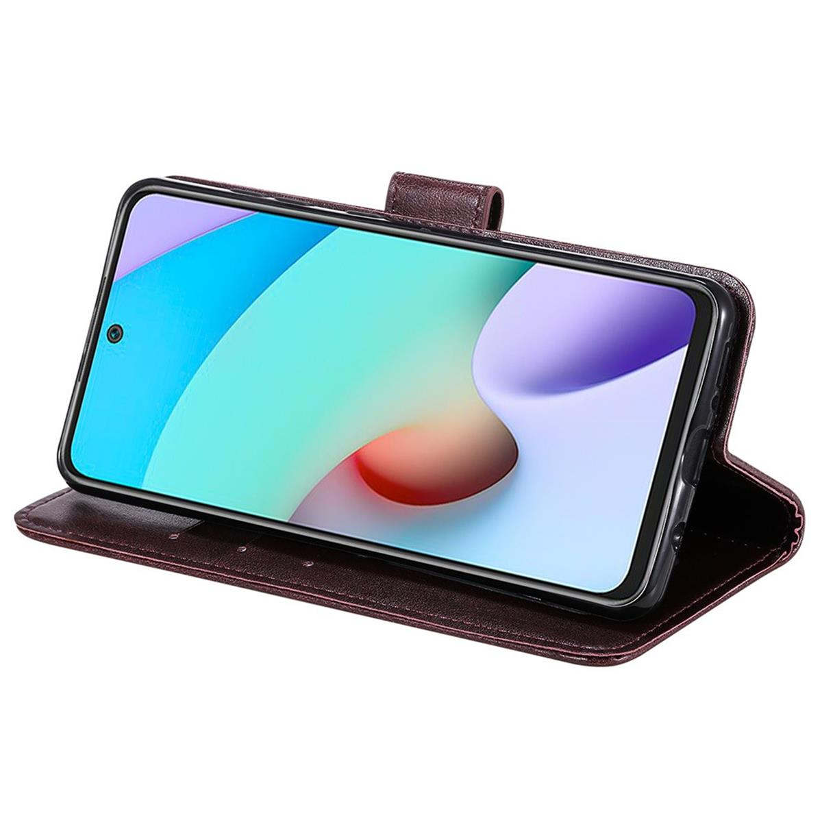 Weinrote Leder-Handyhülle offen, mit einem Telefon im Inneren, das einen Bildschirm zeigt.