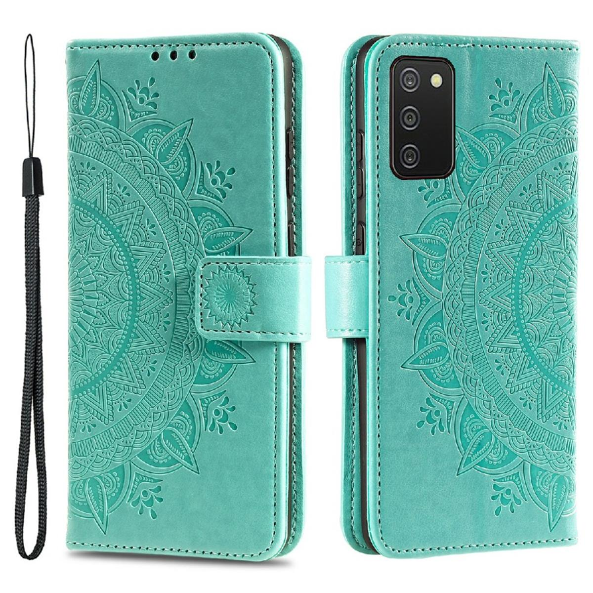 Türkisfarbene Handyhülle mit Mandala-Design. Geöffnete Hülle zeigt Telefon und Kartenfächer.