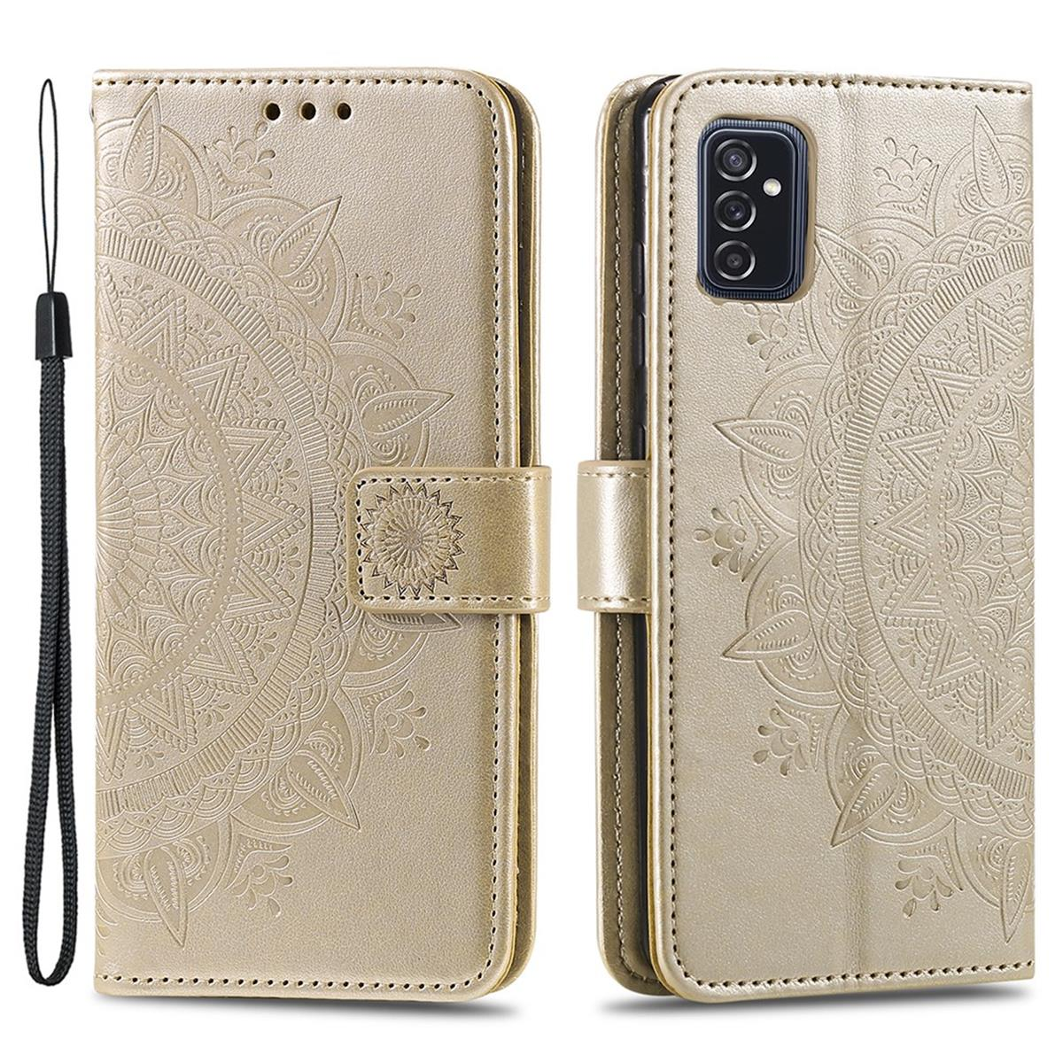 Goldene Handyhülle, offen, mit Mandala-Design. Merkmale sind ein Kartenfach und eine Handschlaufe.