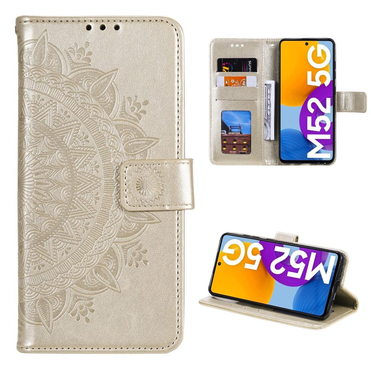 Goldene Handyhülle, Mandala-Design, geöffnet mit Telefon und Kartenfächern.