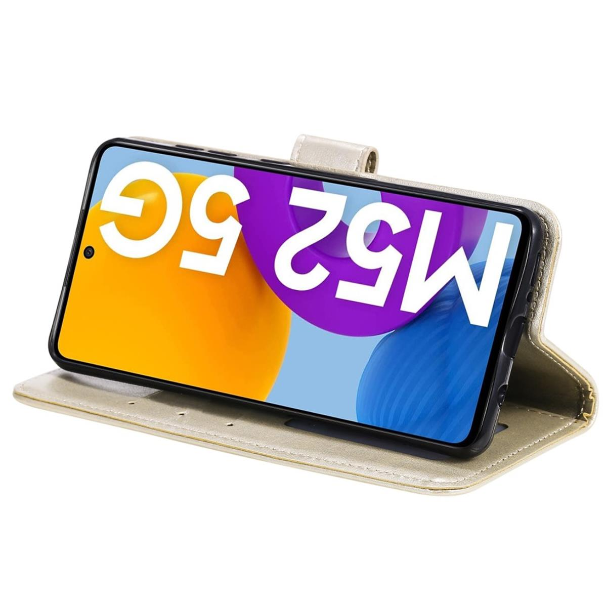 Telefon in einer Hülle, zeigt eine farbenfrohe Oberfläche. Beige Hülle mit Magnetverschluss.