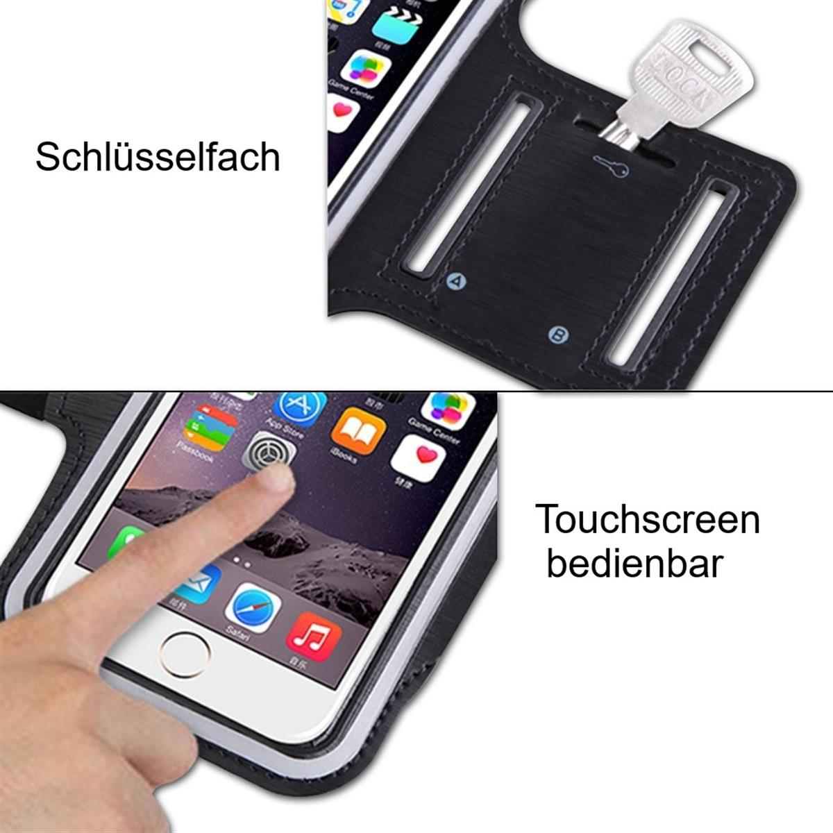 Eine Hand berührt einen Telefonbildschirm in einer schwarzen Hülle, mit einem Schlüsselschlitz-Detail.