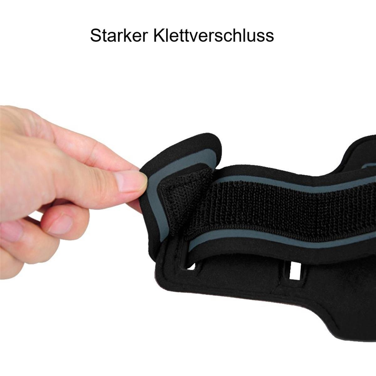 Eine Person hält einen Klettverschlussriemen. Der Text Starker Klettverschluss steht darüber.
