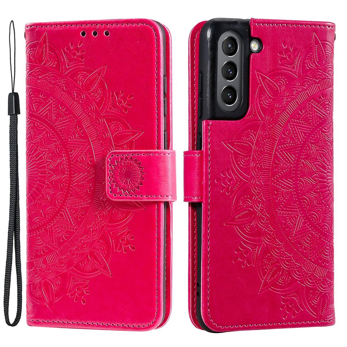 Rote Handyhülle mit Mandala-Design, mit Riemen. Die Hülle ist geöffnet und geschlossen, das Telefon ist sichtbar.