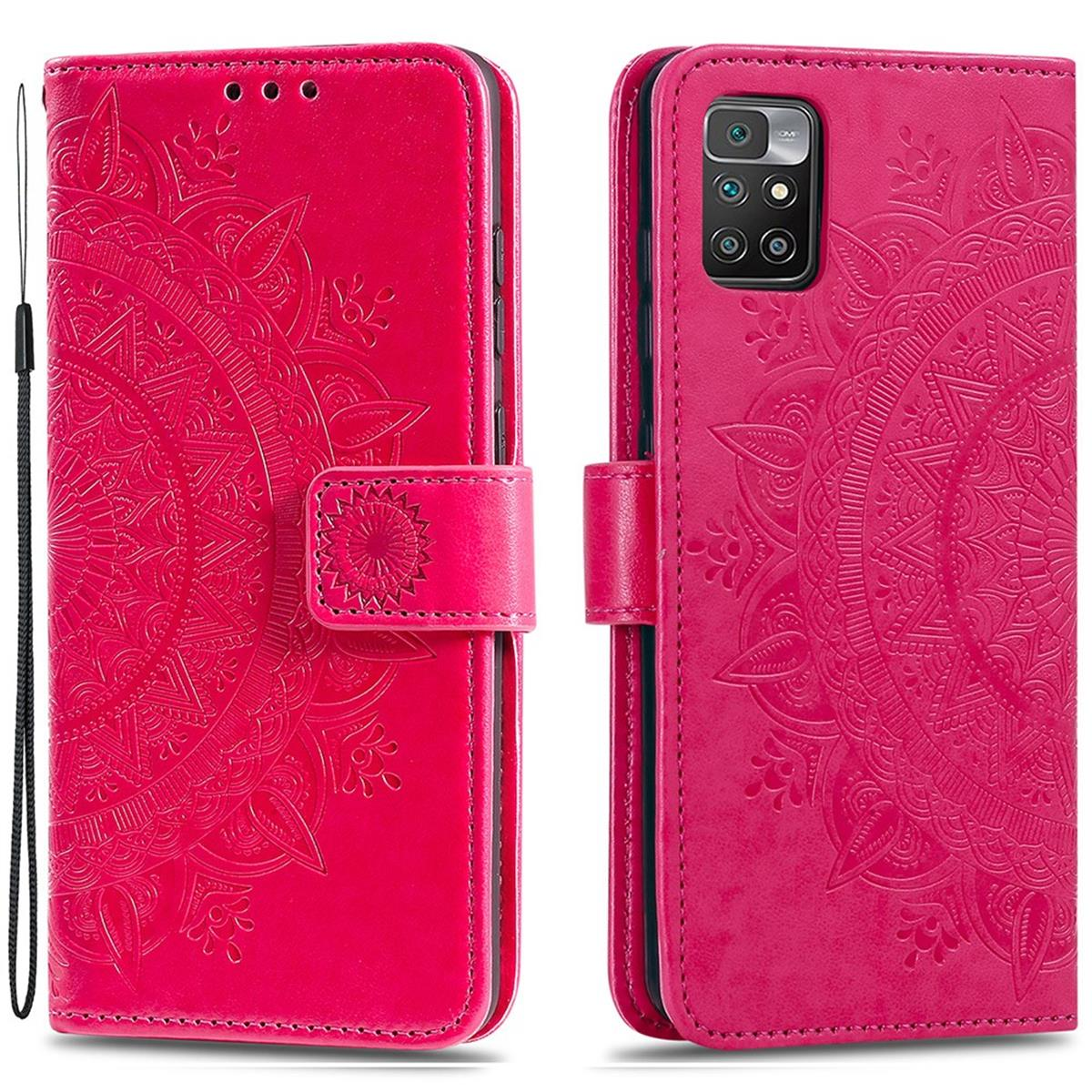 Eine pinkfarbene Handyhülle ist geöffnet und zeigt ein Mandala-Design. Die Hülle liegt auf weißem Untergrund.