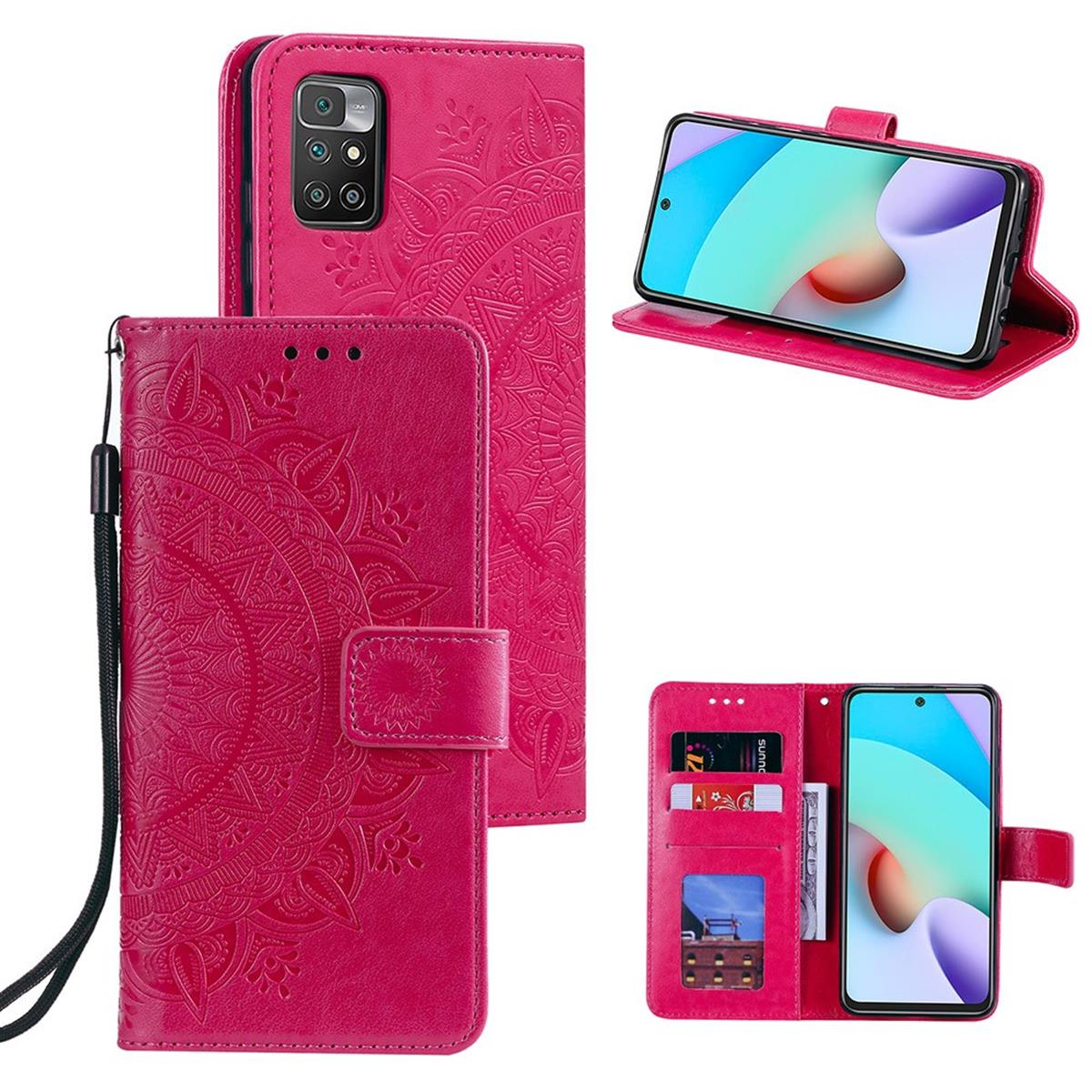 Rosa Handyhülle mit Mandala-Design. Telefon in Hülle, offen und mit Karten.