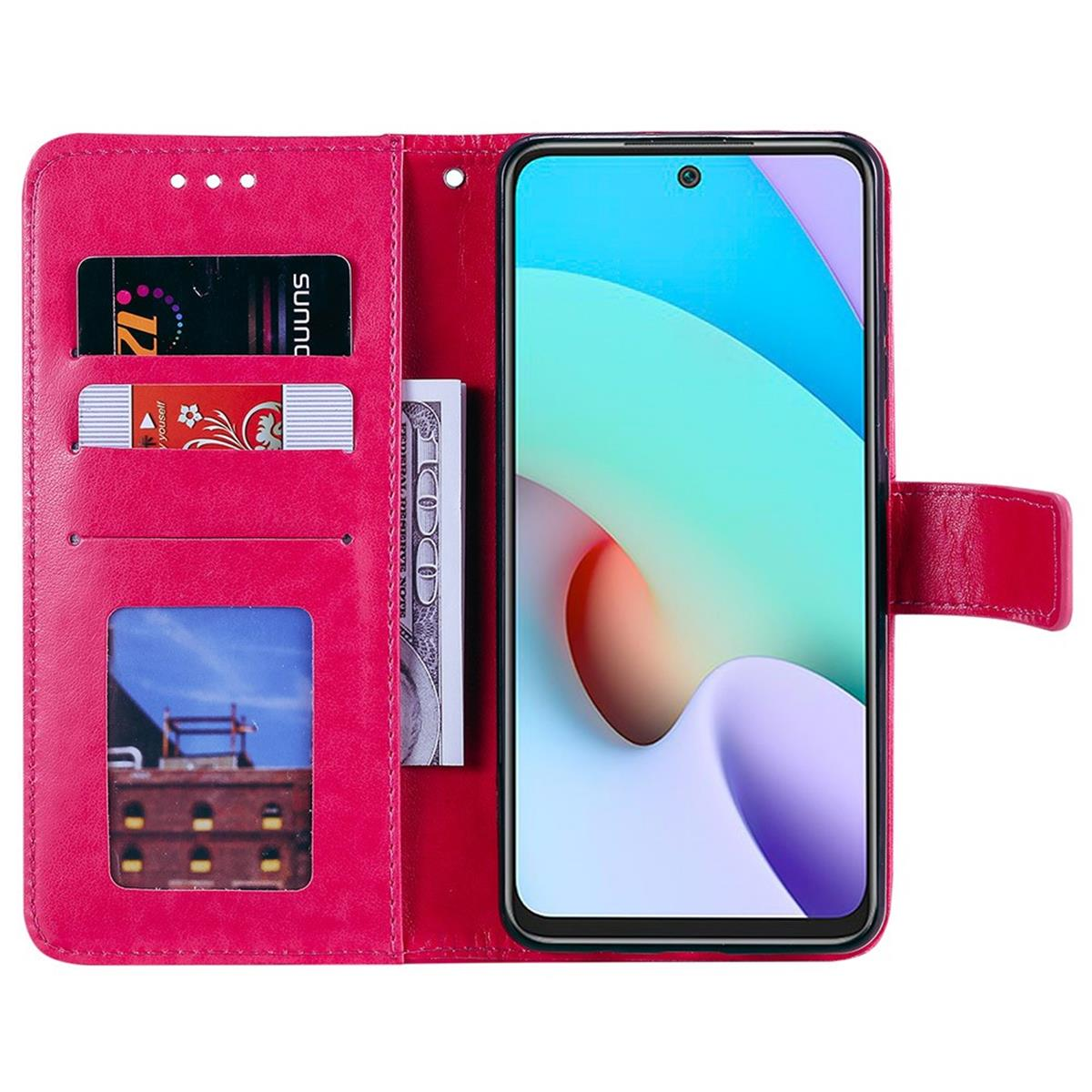 Offene rosa Handyhülle mit Telefon, zeigt Kartenfächer und Geld. Helle Farben.