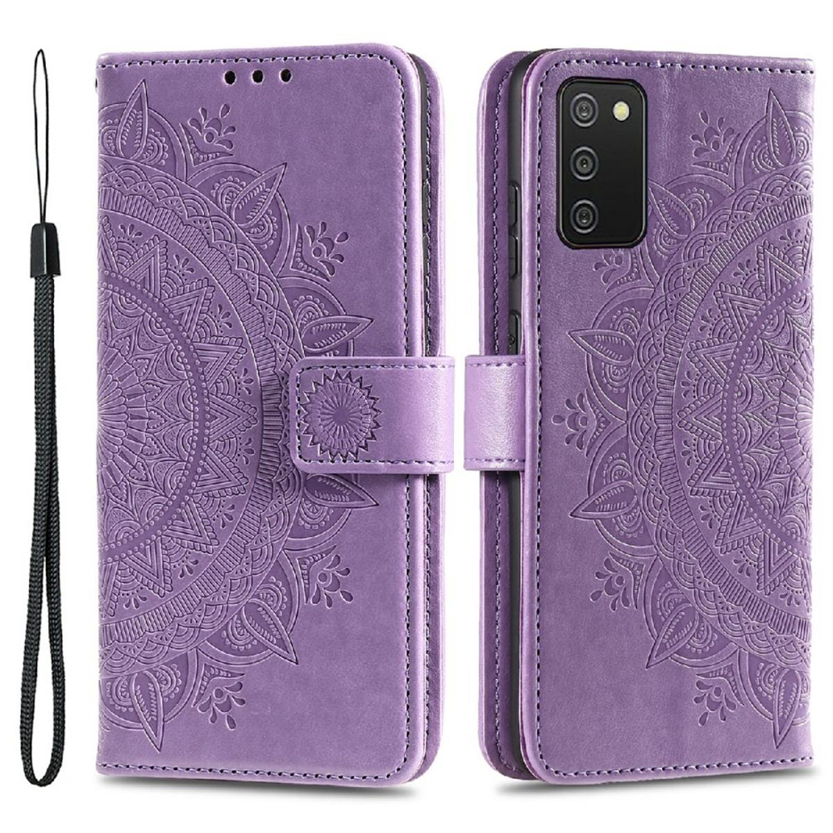 Lila Handyhülle mit Mandala-Design und Riemen, offen und geschlossen, mit Telefon im Inneren.