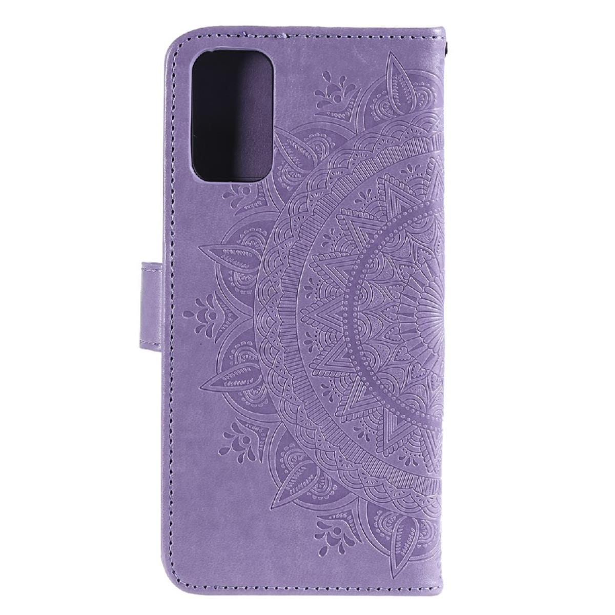 Lila Handyhülle mit Mandala-Design. Es ist eine Brieftaschen-Hülle mit Magnetverschluss.