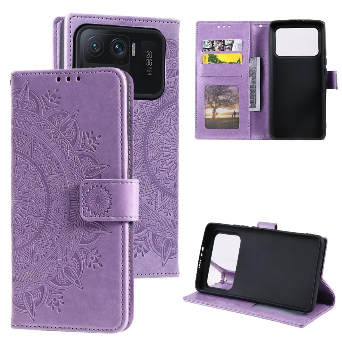 Lila Handyhülle mit Mandala-Muster. Innen: Karten, Geld und Telefon. Mehrere Ansichten gezeigt.