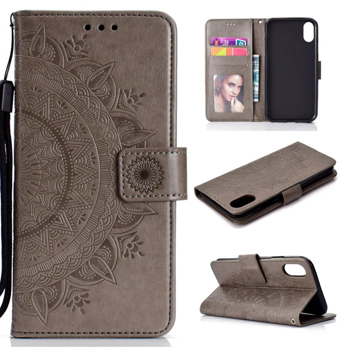Braune Handyhülle mit geprägtem Blumendesign, Riemen und Magnetverschluss. Enthält Kartenfächer und einen Telefonhalter.