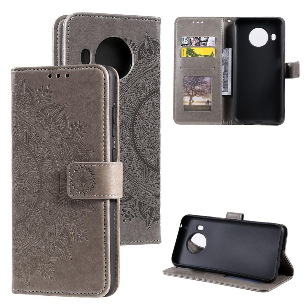 Graue Handyhülle mit Mandala-Design, geöffnet, um Kartenfächer und Telefonhalter zu zeigen.