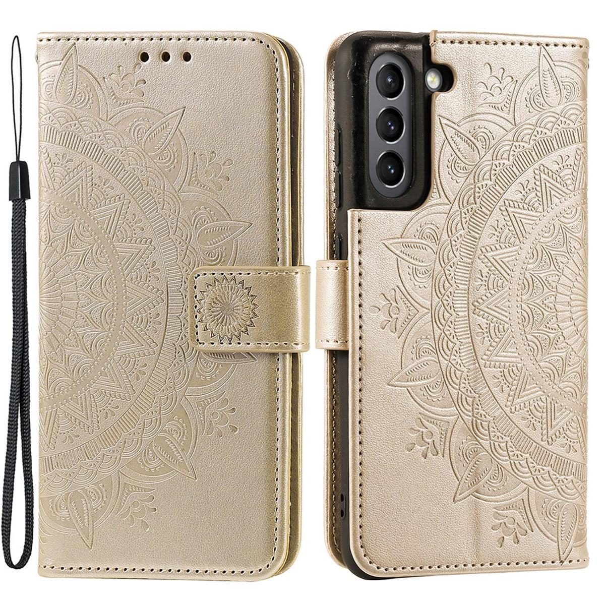 Goldene Handyhülle mit Mandala-Muster. Das Etui ist offen und zeigt ein Telefon im Inneren.