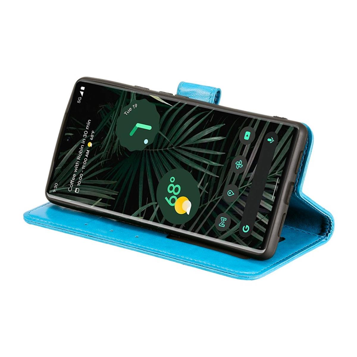 Blaue Handyhülle mit Wetter-App-Anzeige.