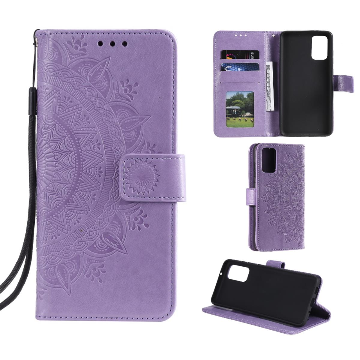 Lila Handyhülle, offen, mit Telefon, Karten und Riemen.