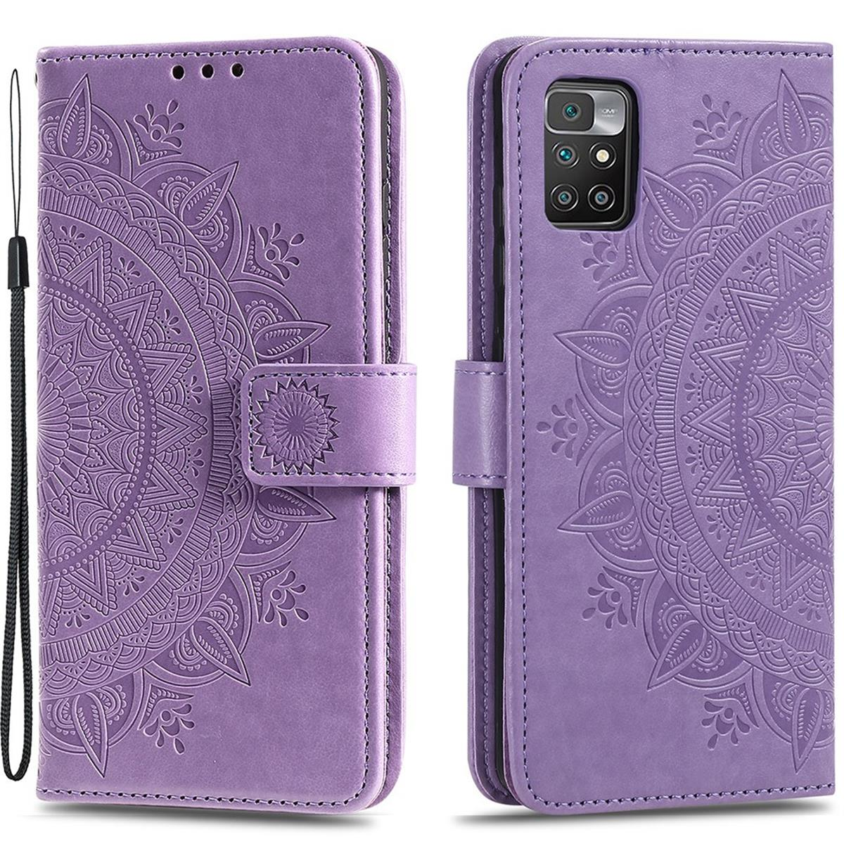 Lila Handyhülle mit Mandala-Design, offene und geschlossene Ansicht, mit Handschlaufe.