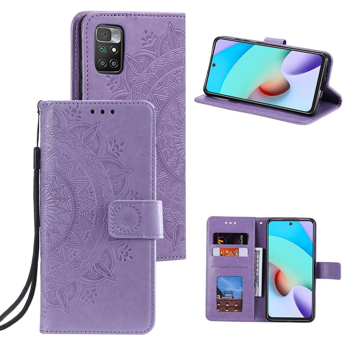 Lila Handyhülle mit Mandala-Design, mit Telefon im Inneren und eine weitere Hülle mit Kartenfächern.