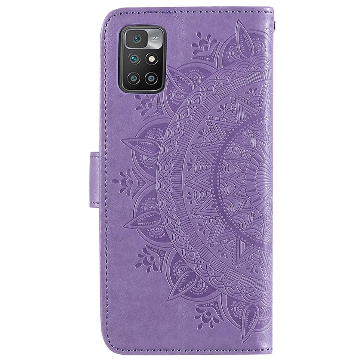 Lila Handyhülle mit Mandala-Design. Die Hülle ist geschlossen und mit einem kreisförmigen Muster geprägt.