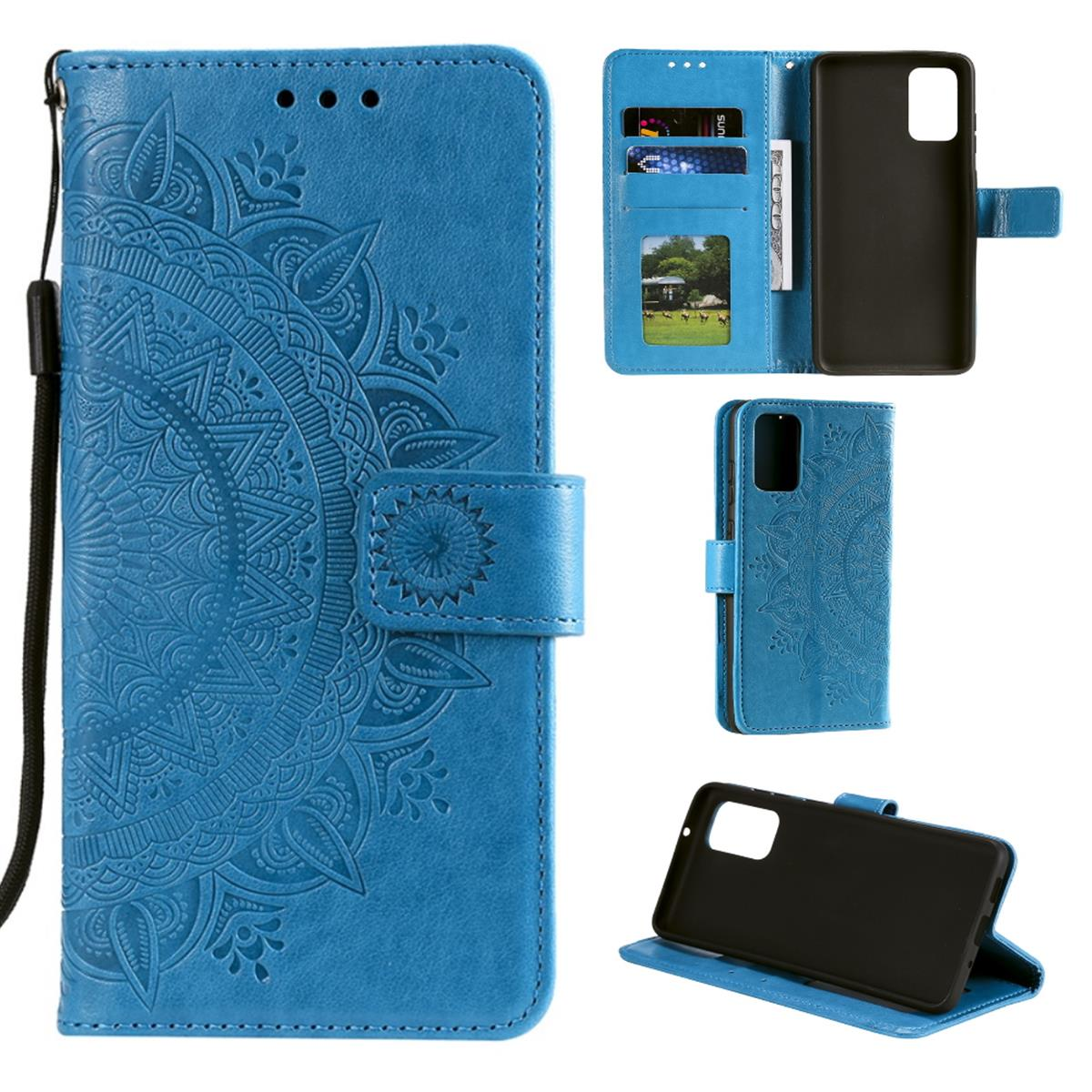 Blaue Handyhülle, offen, mit Telefon, Karten und Riemen.