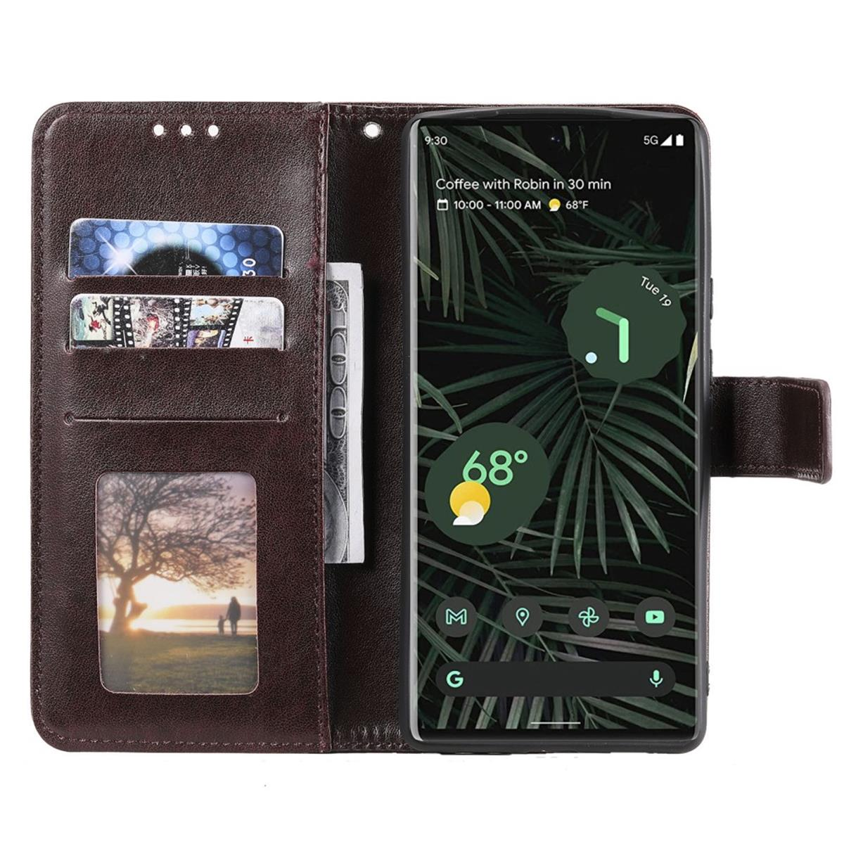 Braune Handyhülle mit Kartenfächern, Geld und einem Startbildschirm-Telefon.