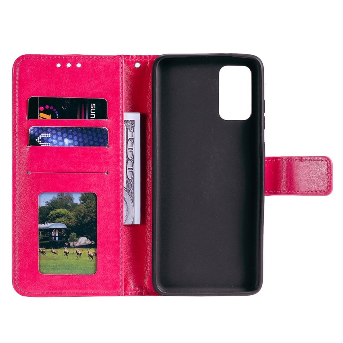 Offene rosa Handyhülle mit Telefon, Geld und Karten. Die Hülle zeigt ein Rehbild.