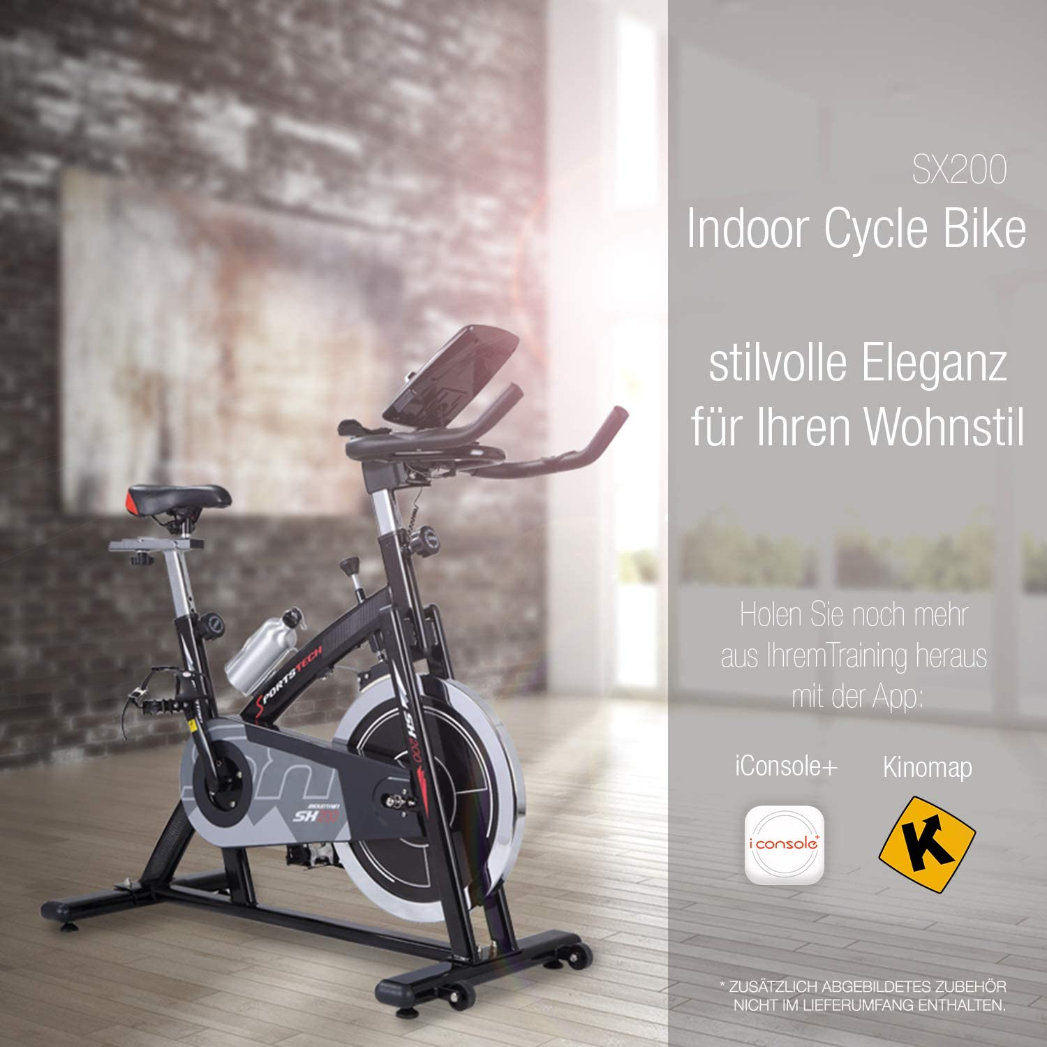 Stationäres Indoor-Cycle-Bike mit Text. Das Fahrrad ist schwarz und silber, mit einem Wasserflaschenhalter.