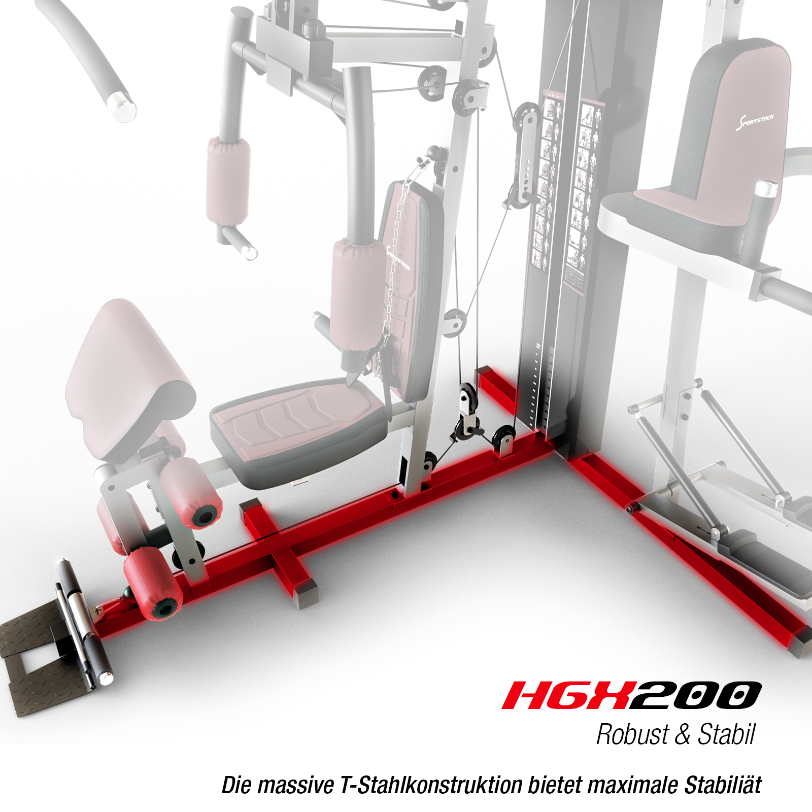 Heimtrainingsgerät, rot und schwarz, mit dem Namen HGX200. Die Maschine ist auf weißem Hintergrund.
