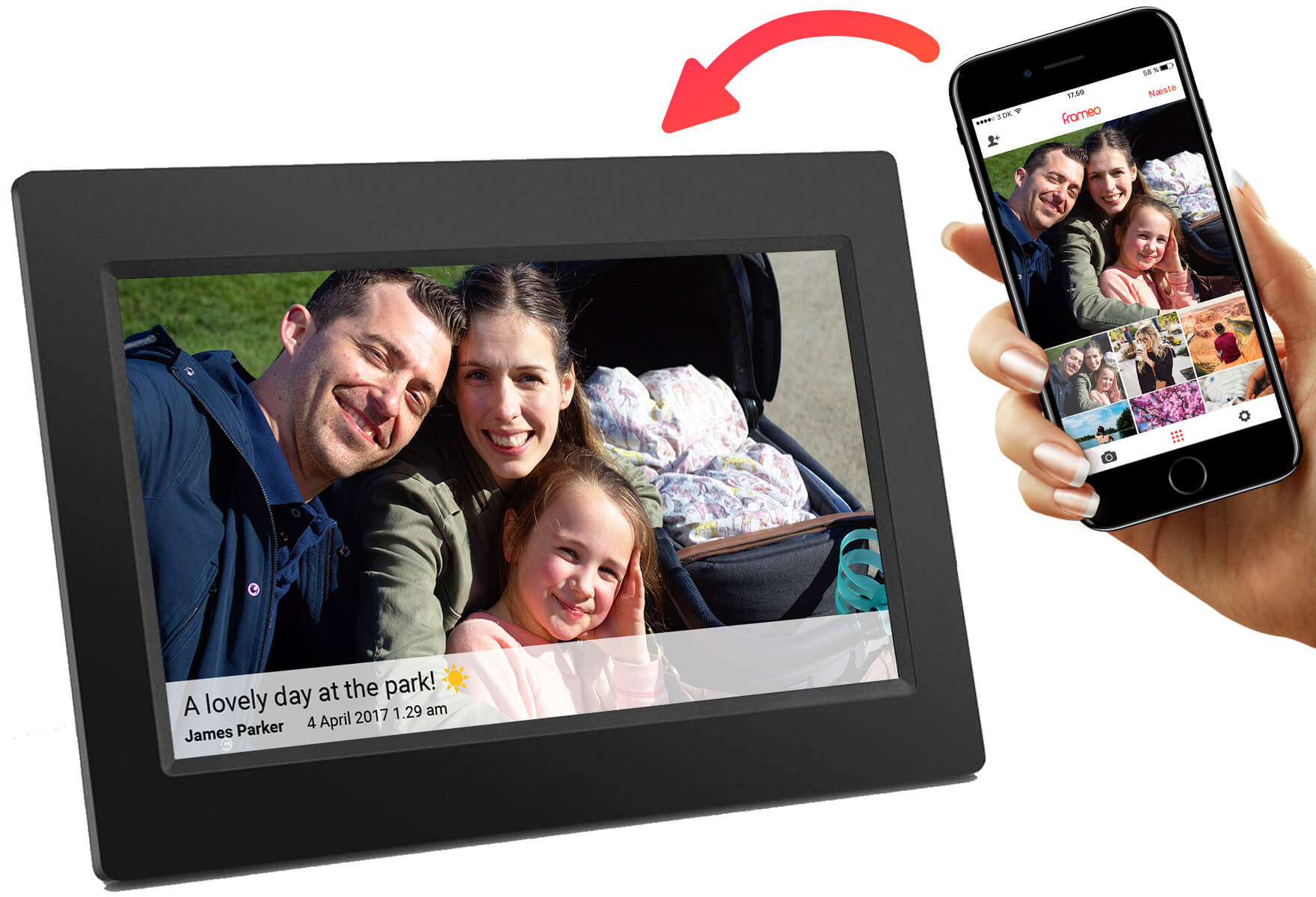 Digitaler Bilderrahmen zeigt ein Familienfoto. Ein Telefon zeigt dasselbe Foto mit einem Pfeil.
