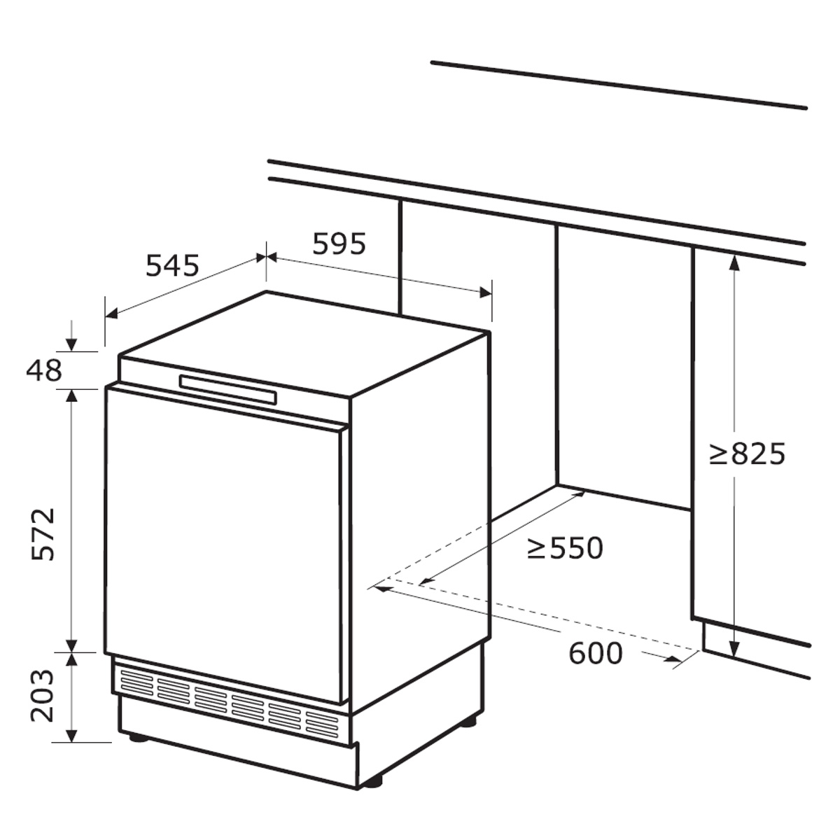 Diagramm eines Einbaugeschirrspülers mit Abmessungen, das seine Position in einer Küche zeigt.