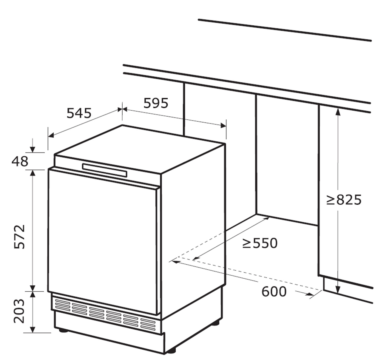 Ein Diagramm zeigt die Abmessungen eines Einbauofens. Verschiedene Maße sind beschriftet.
