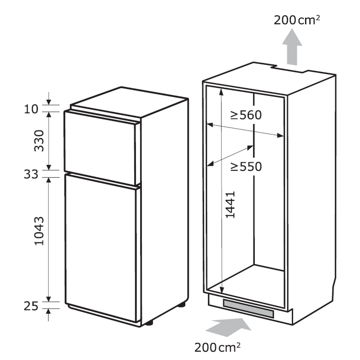 Diagramm eines Kühlschranks mit Abmessungen und Messungen.