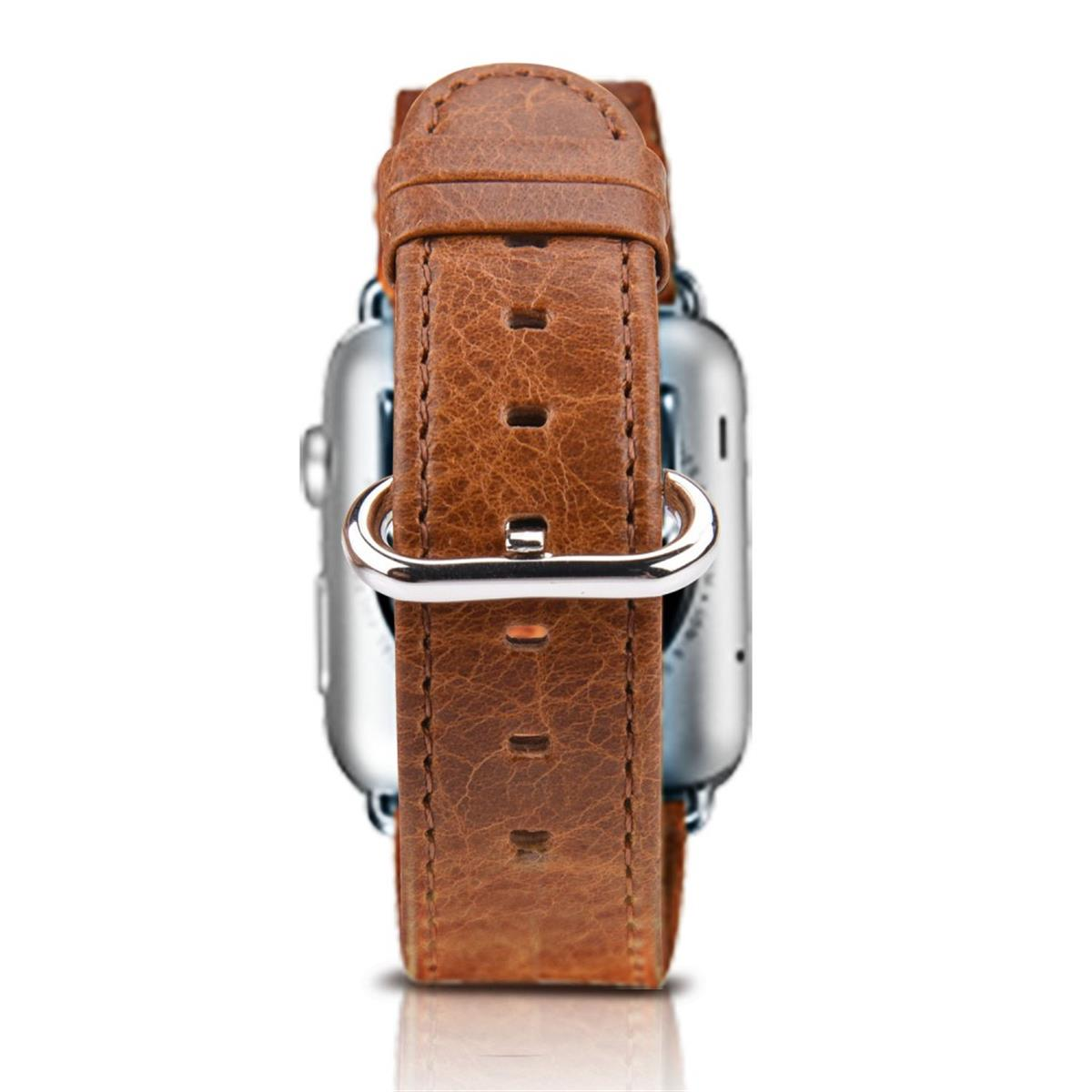 Apple Watch mit braunem Lederarmband, silberne Schnalle.