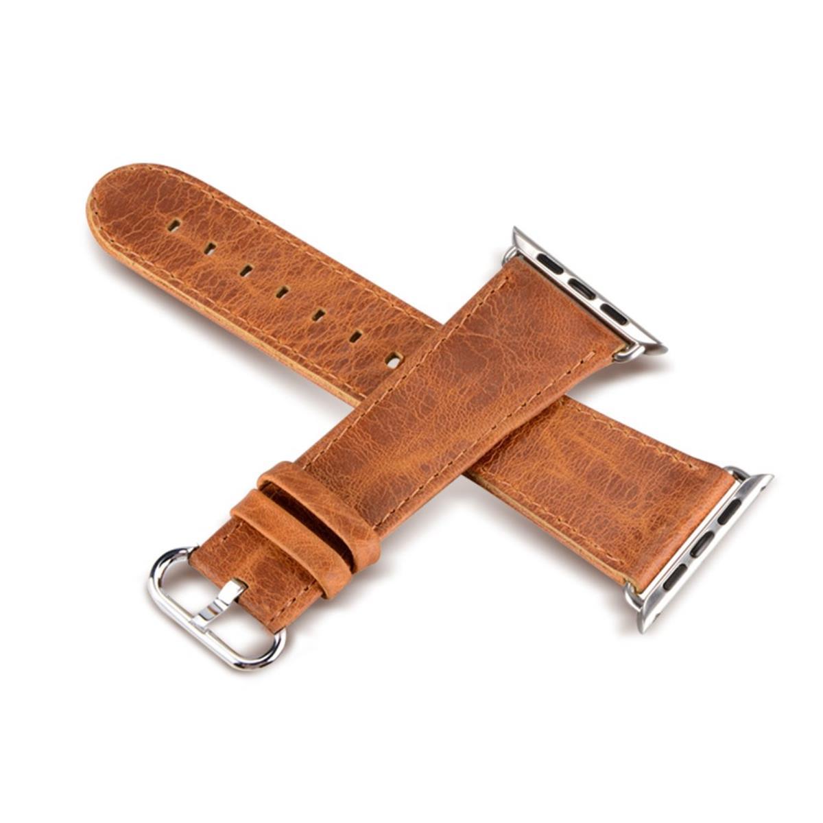 Braune Leder-Uhrenarmbänder mit silberner Schließe. Weißer Hintergrund.