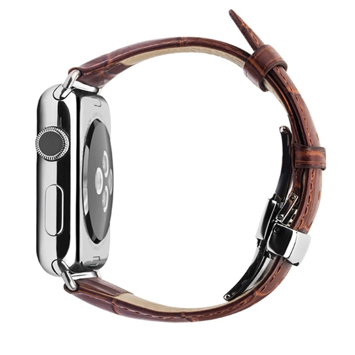 Eine silberne Apple Watch mit braunem Lederarmband, Rückseite und Seitenansicht.