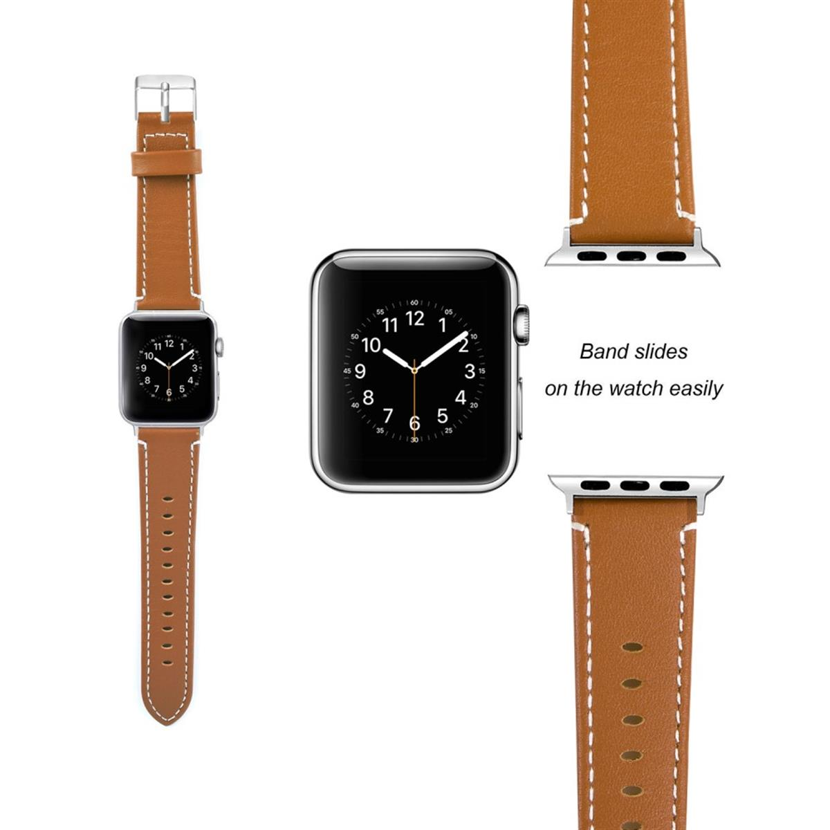 Uhr mit braunem Lederarmband und Nahaufnahme des Uhrenarmbands.