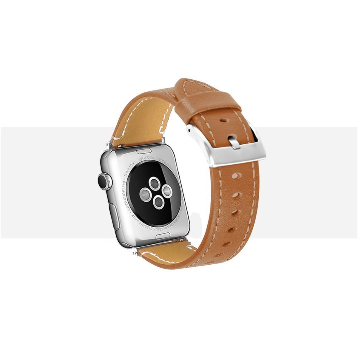 Ein braunes Leder-Uhrenarmband mit einer silbernen Schnalle. Eine silberne Uhr ist befestigt.
